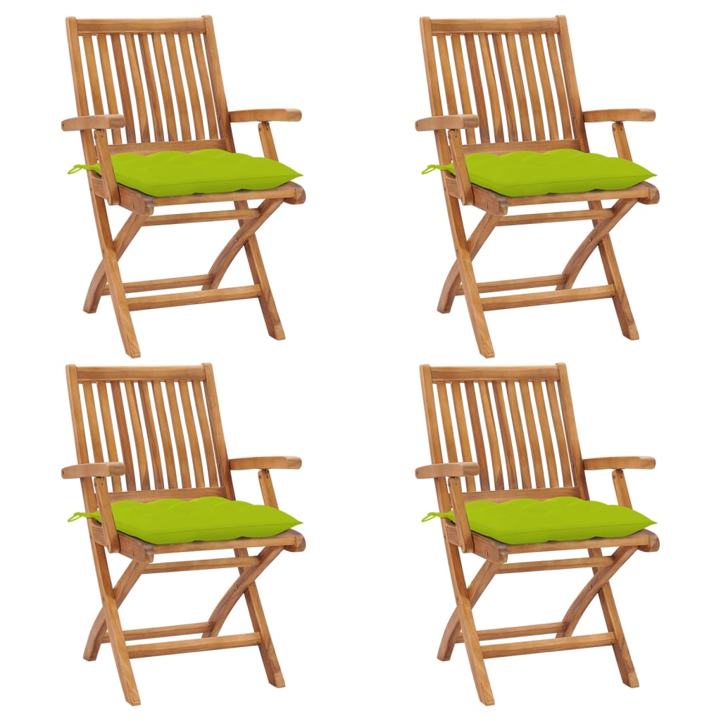 Set de 4 scaune pliabile de gradina. vidaXL, Lemn de tec - finisaj baza apa/Poliester, 56 x 58 x 88 cm, 7 cm, Maro-perne verde aprins