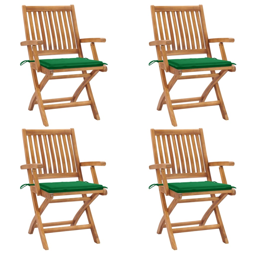 Set de 4 scaune pliabile de gradina. vidaXL, Lemn de tec - finisaj baza apa/Poliester, 56 x 58 x 88 cm, Maro-perne verde