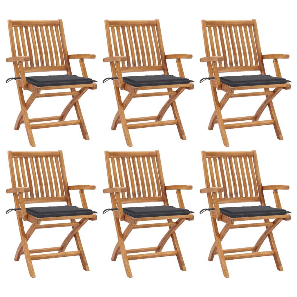 Set de 6 scaune pliabile de gradina, vidaXL, Lemn de tec - finisaj baza apa/Poliester, 56 x 58 x 88 cm, Maro-perne antracit