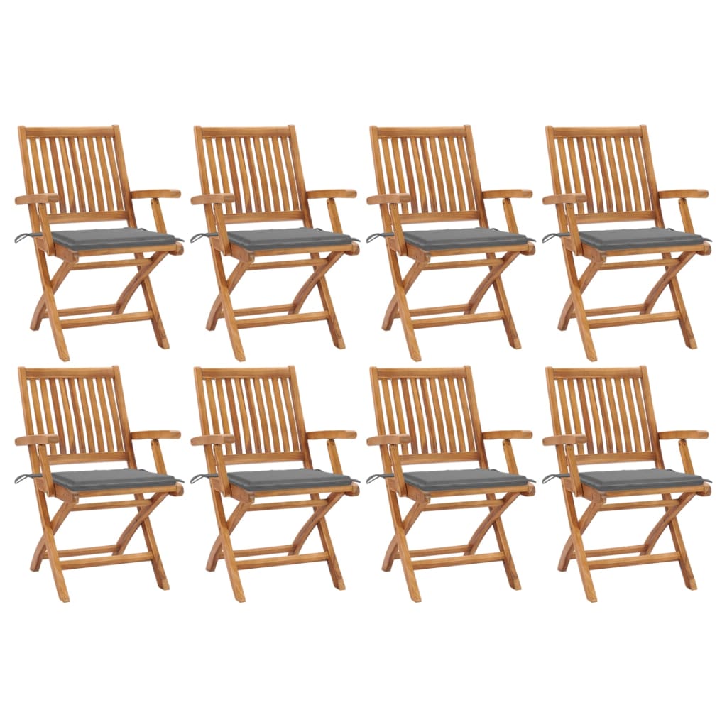 Set de 8 scaune pliabile de gradina, vidaXL, Lemn de tec - finisaj baza apa/Poliester, 56 x 58 x 88 cm, 4 cm, Maro-perne gri