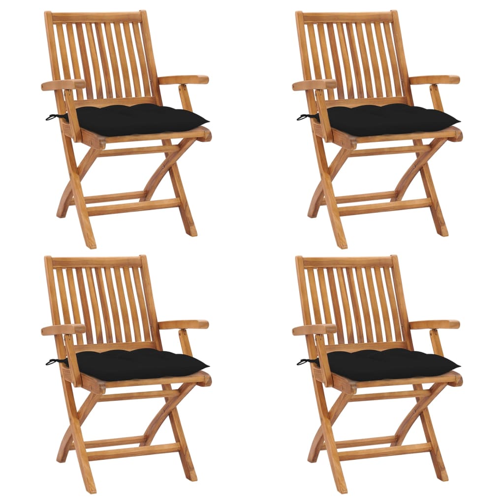 Set de 4 scaune pliabile de gradina. vidaXL, Lemn de tec - finisaj baza apa/Poliester, 56 x 58 x 88 cm, 7 cm, Maro-perne gri taupe