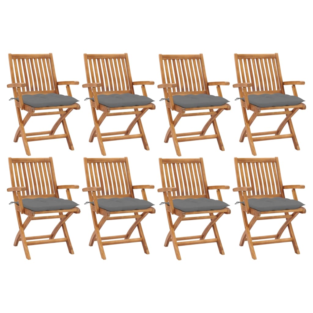 Set de 8 scaune pliabile de gradina, vidaXL, Lemn de tec - finisaj baza apa/Poliester, 56 x 58 x 88 cm, 7 cm, Maro-perne gri