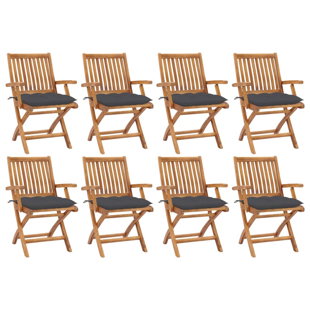 Set de 8 scaune pliabile de gradina, vidaXL, Lemn de tec - finisaj baza apa/Poliester, 56 x 58 x 88 cm, 7 cm, Maro-perne antracit