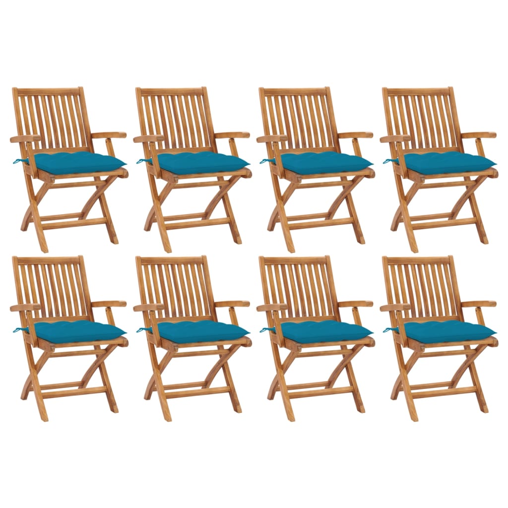 Set de 8 scaune pliabile de gradina, vidaXL, Lemn de tec - finisaj baza apa/Poliester, 56 x 58 x 88 cm, 7 cm, Maro-perne albastru
