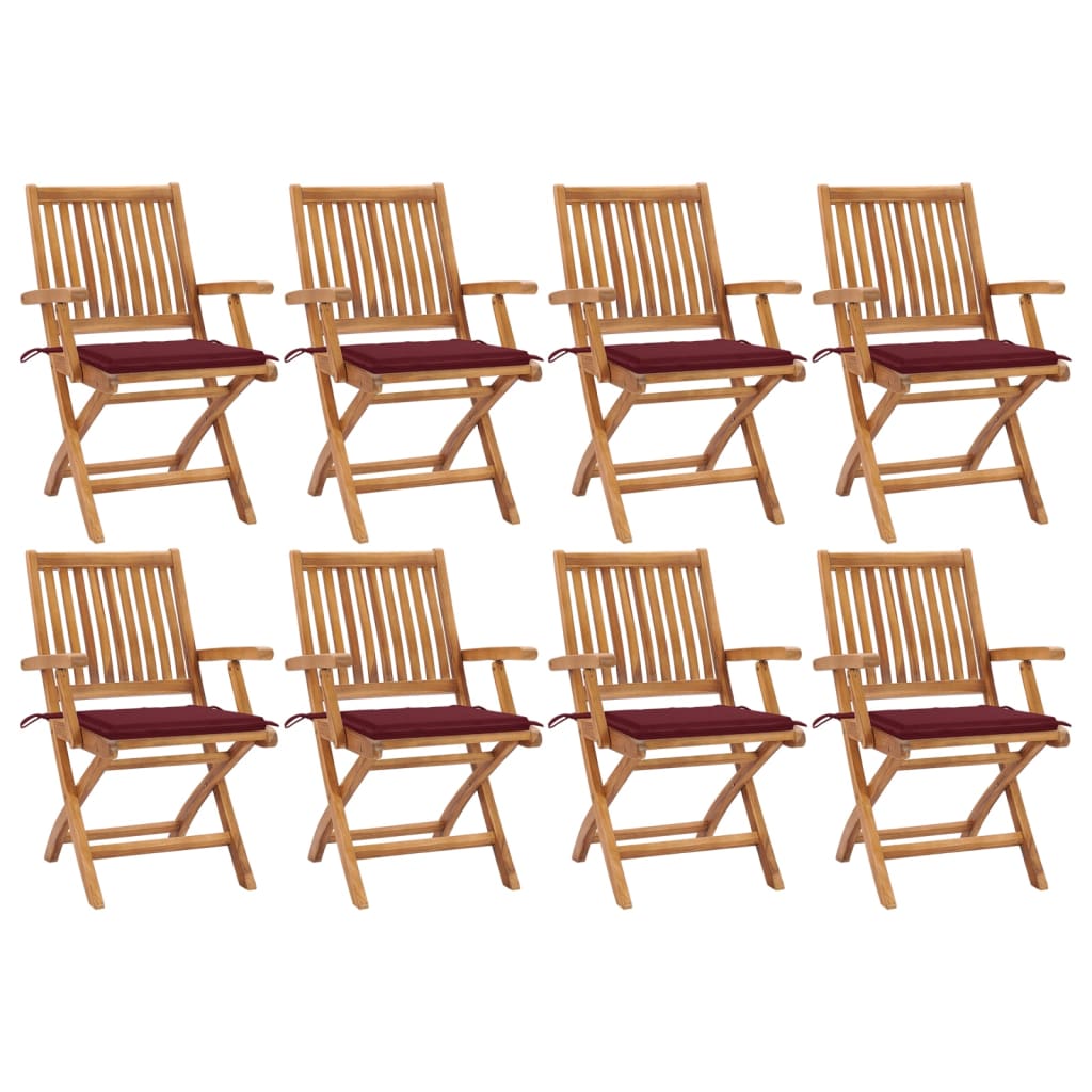 Set de 8 scaune pliabile de gradina, vidaXL, Lemn de tec - finisaj baza apa/Poliester, 56 x 58 x 88 cm, 4 cm, Maro-perne rosu bordo