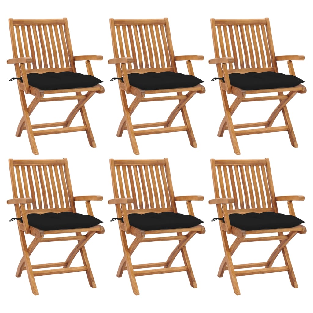 Set de 6 scaune pliabile de gradina, vidaXL, Lemn de tec - finisaj baza apa/Poliester, 56 x 58 x 88 cm, 7 cm, Maro-perne Gri taupe