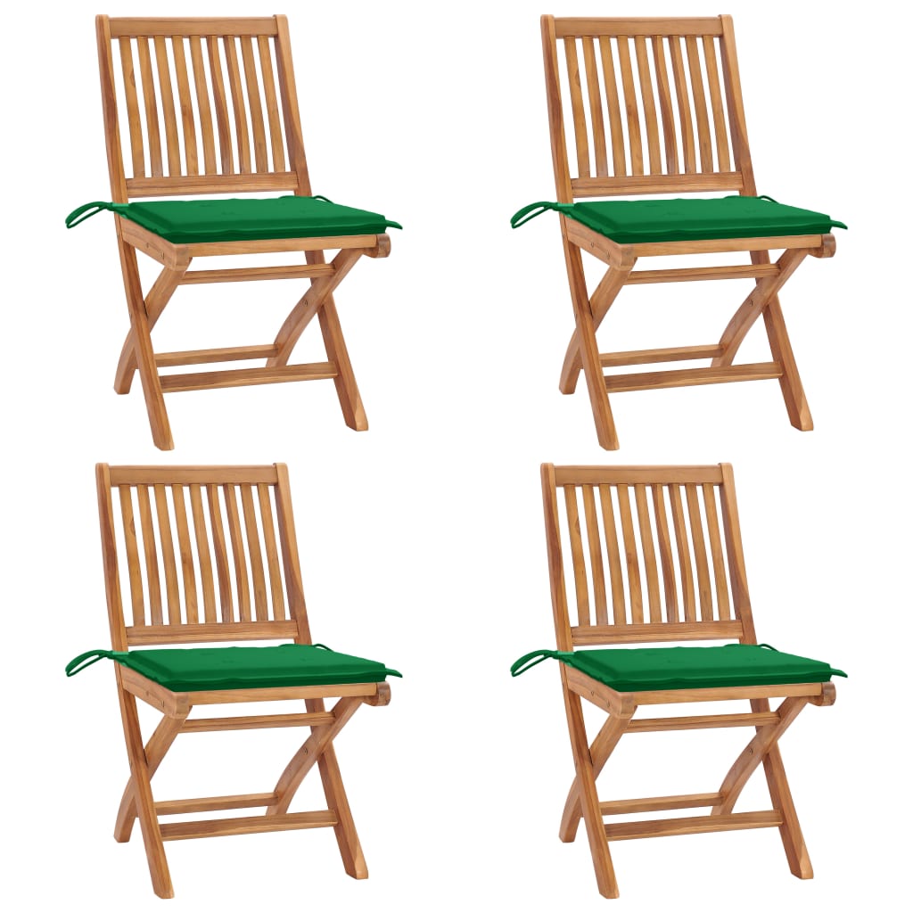 Set 4 scaune pliabile de gradina, cu perne, vidaXL, Lemn tec, 46,5 x 58 x 88 cm, 4 cm, Maro-perne verde