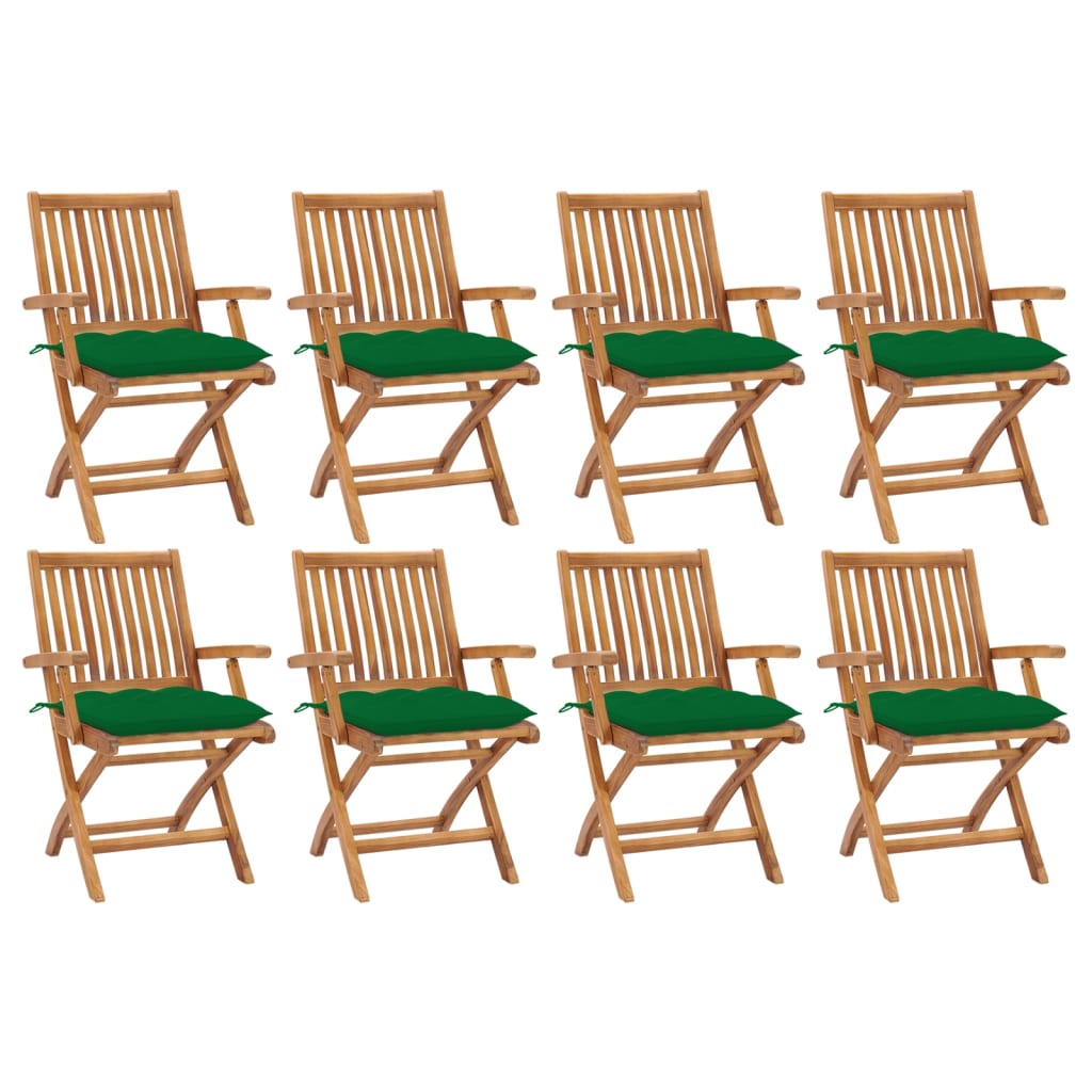 Set de 8 scaune pliabile de gradina, vidaXL, Lemn de tec - finisaj baza apa/Poliester, 56 x 58 x 88 cm, 7 cm, Maro-perne verde