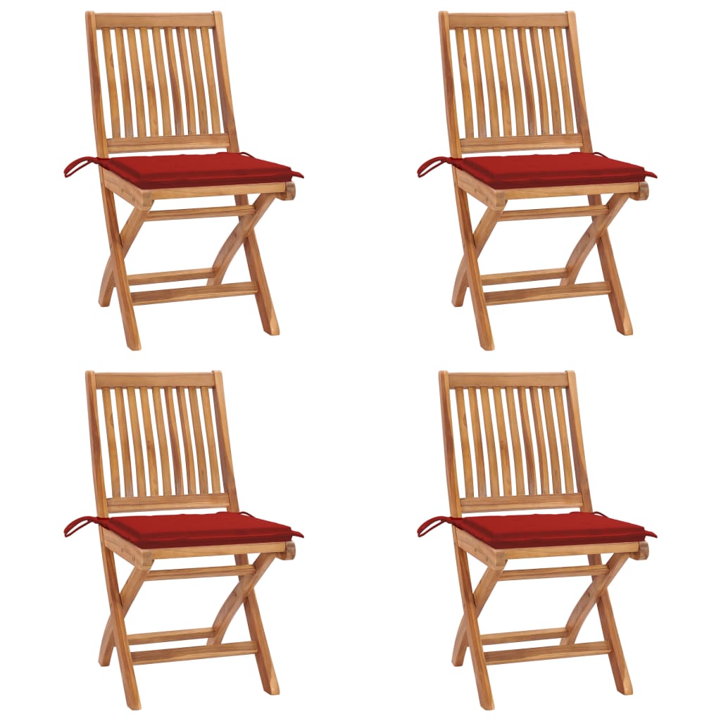 Set 4 scaune pliabile de gradina, cu perne, vidaXL, Lemn tec, 46,5 x 58 x 88 cm, 4 cm, Maro-perne rosu