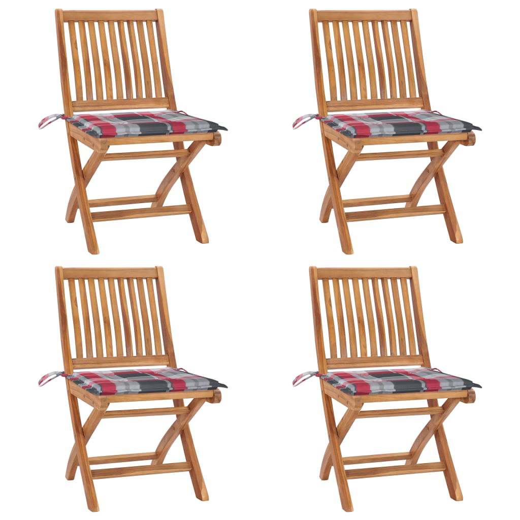 Set 4 scaune pliabile de gradina, cu perne, vidaXL, Lemn tec, 46,5 x 58 x 88 cm, 4 cm, Maro-perne model carouri rosu/gri