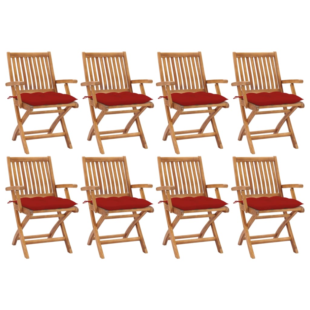 Set de 8 scaune pliabile de gradina, vidaXL, Lemn de tec - finisaj baza apa/Poliester, 56 x 58 x 88 cm, 7 cm, Maro-perne rosu