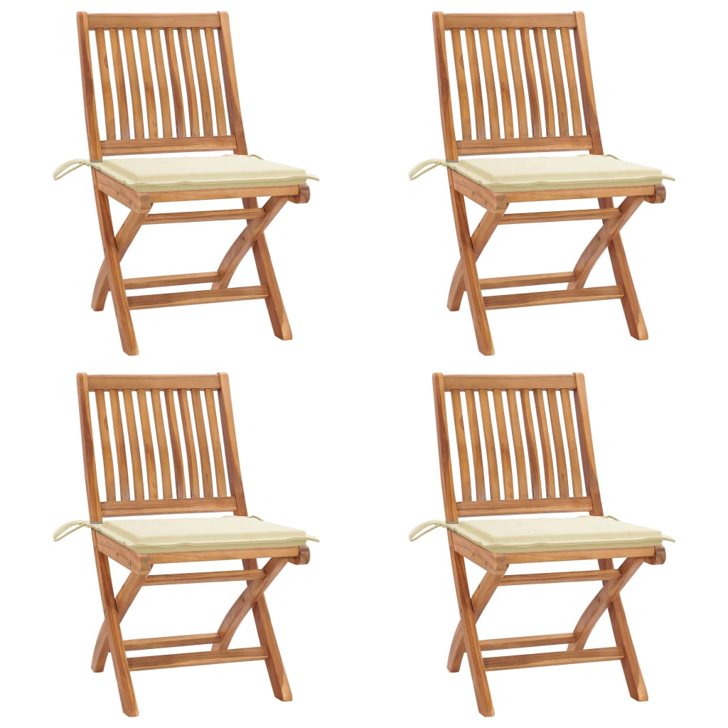 Set 4 scaune pliabile de gradina, cu perne, vidaXL, Lemn tec, 46,5 x 58 x 88 cm, 4 cm, Maro-perne crem
