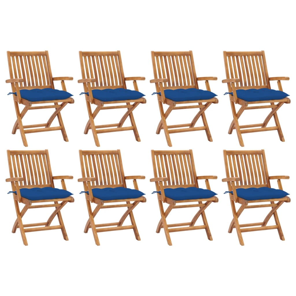 Set de 8 scaune pliabile de gradina, vidaXL, Lemn de tec - finisaj baza apa/Poliester, 56 x 58 x 88 cm, 7 cm, Maro-perne albastru
