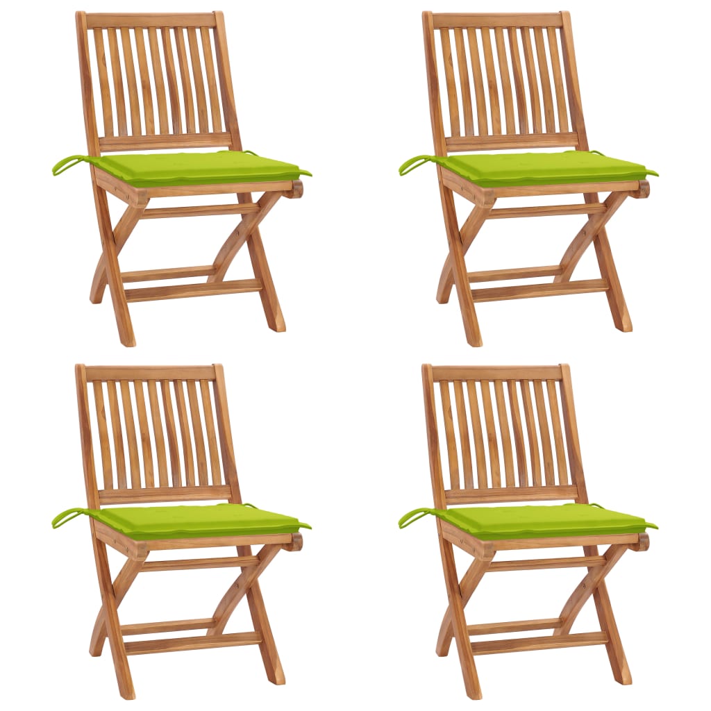 Set 4 scaune pliabile de gradina, cu perne, vidaXL, Lemn tec, 46,5 x 58 x 88 cm, 4 cm, Maro-perne verde aprins