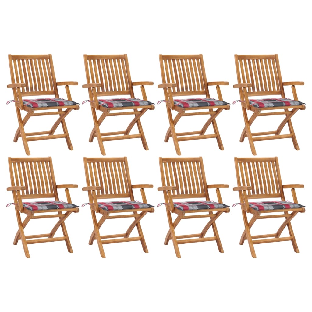 Set de 8 scaune pliabile de gradina, vidaXL, Lemn de tec - finisaj baza apa/Poliester, 56 x 58 x 88 cm, 4 cm, Maro-perne model carouri rosu-gri