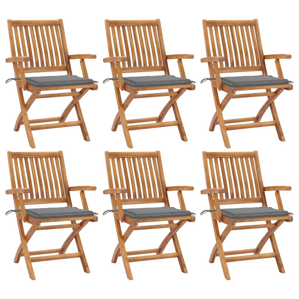 Set de 6 scaune pliabile de gradina, vidaXL, Lemn de tec - finisaj baza apa/Poliester, 56 x 58 x 88 cm, Maro-perne gri