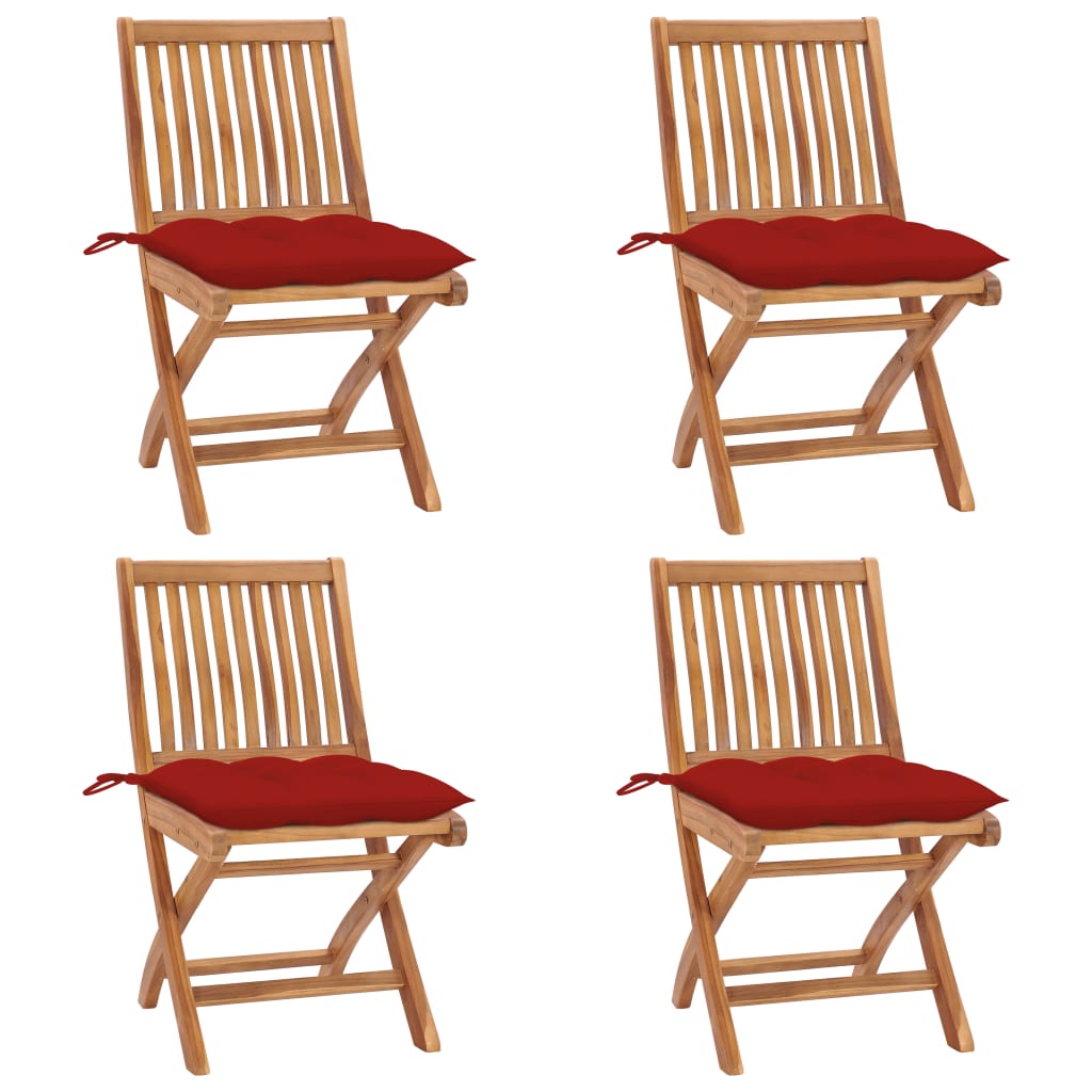 Set 4 scaune pliabile de gradina, cu perne, vidaXL, Lemn tec, 46,5 x 58 x 88 cm, 7 cm, Maro-perne rosu