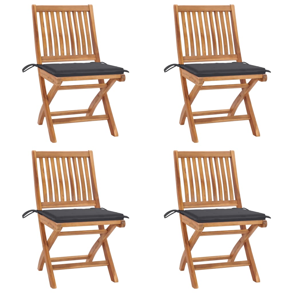 Set 4 scaune pliabile de gradina, cu perne, vidaXL, Lemn tec, 46,5 x 58 x 88 cm, 4 cm, Maro-perne antracit