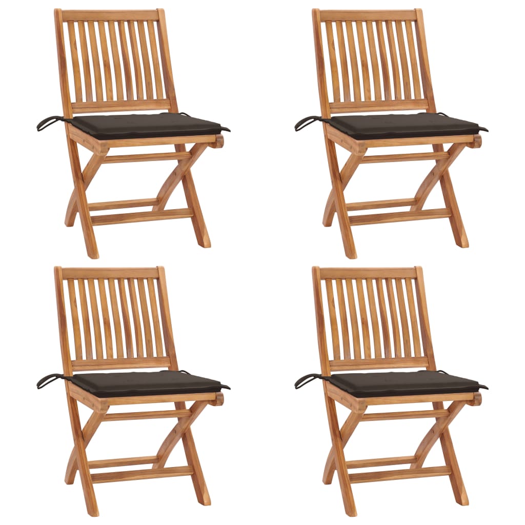 Set 4 scaune pliabile de gradina, cu perne, vidaXL, Lemn tec, 46,5 x 58 x 88 cm, 4 cm, Maro-perne gri taupe