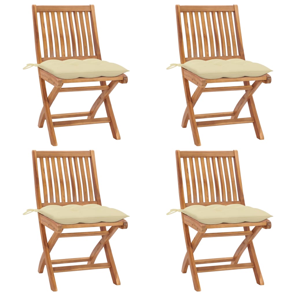 Set 4 scaune pliabile de gradina, cu perne, vidaXL, Lemn tec, 46,5 x 58 x 88 cm, 7 cm, Maro-perne crem