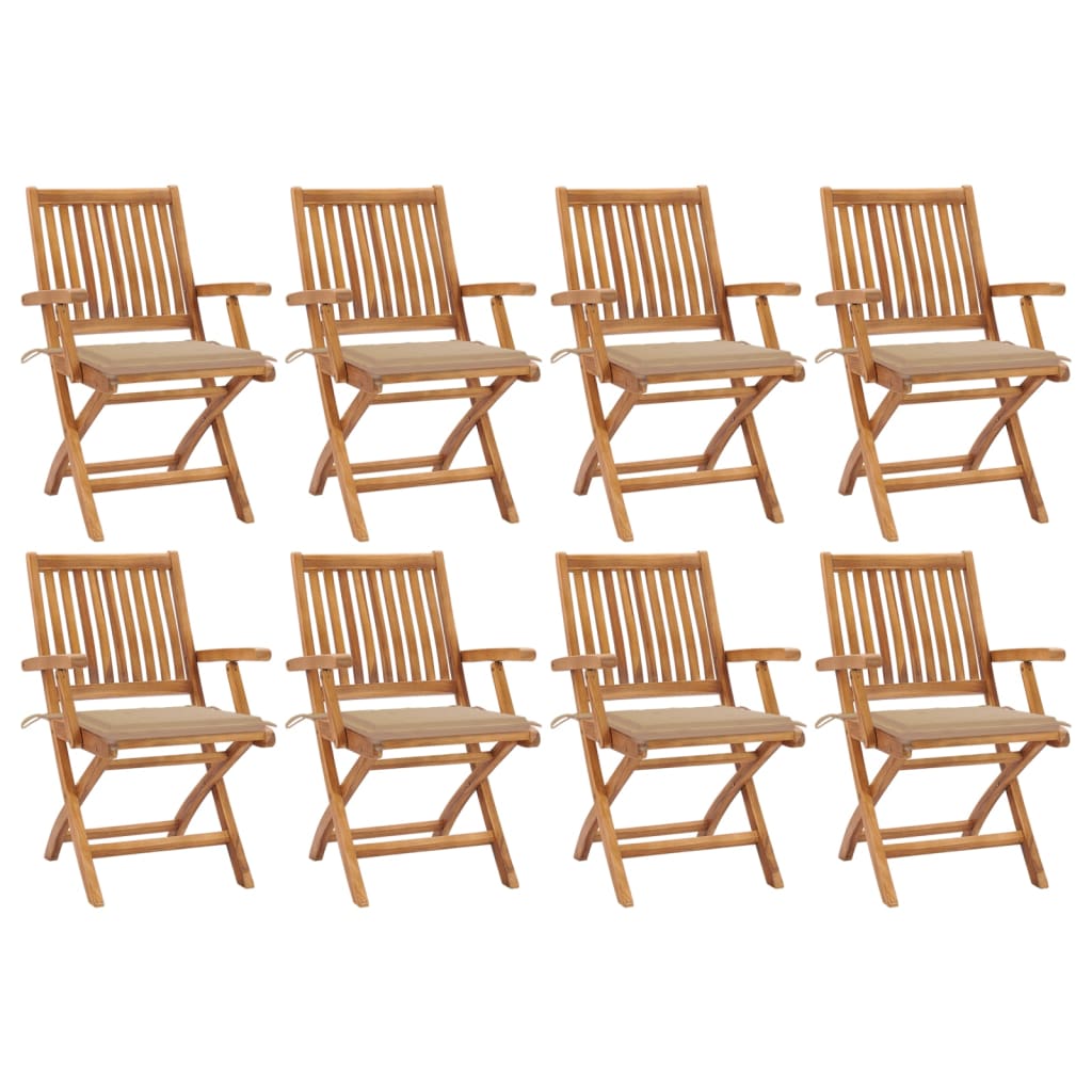 Set de 8 scaune pliabile de gradina, vidaXL, Lemn de tec - finisaj baza apa/Poliester, 56 x 58 x 88 cm, 4 cm, Maro-perne bej