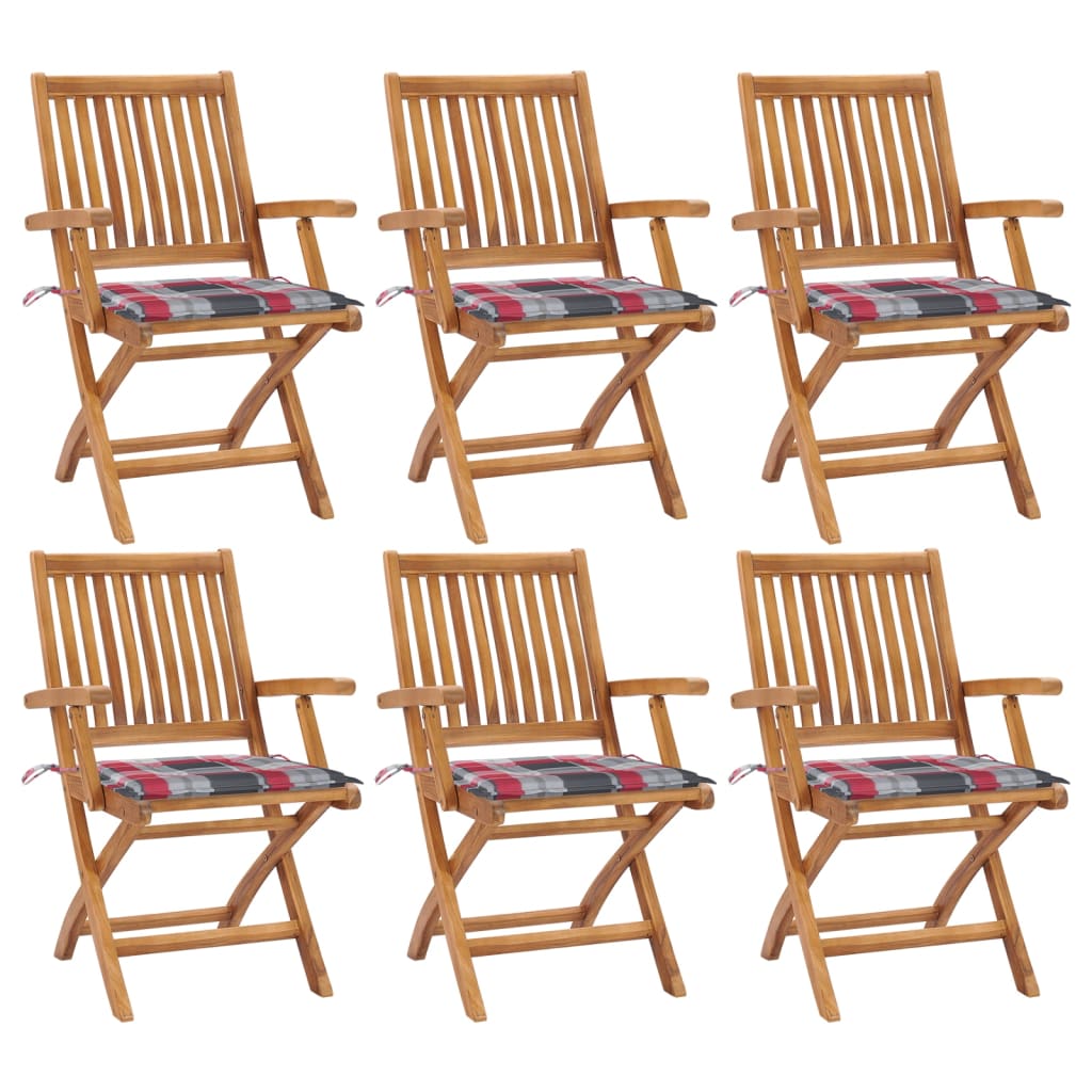 Set de 6 scaune pliabile de gradina. vidaXL, Lemn de tec - finisaj baza apa/Poliester, 56 x 58 x 88 cm, 4 cm, Maro-perne model carouri gri rosu