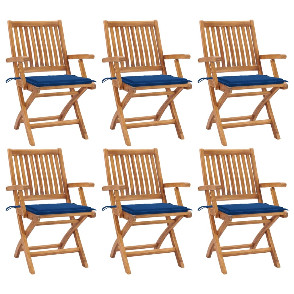 Set de 6 scaune pliabile de gradina. vidaXL, Lemn de tec - finisaj baza apa/Poliester, 56 x 58 x 88 cm, 4 cm, Maro-perne albastru regal