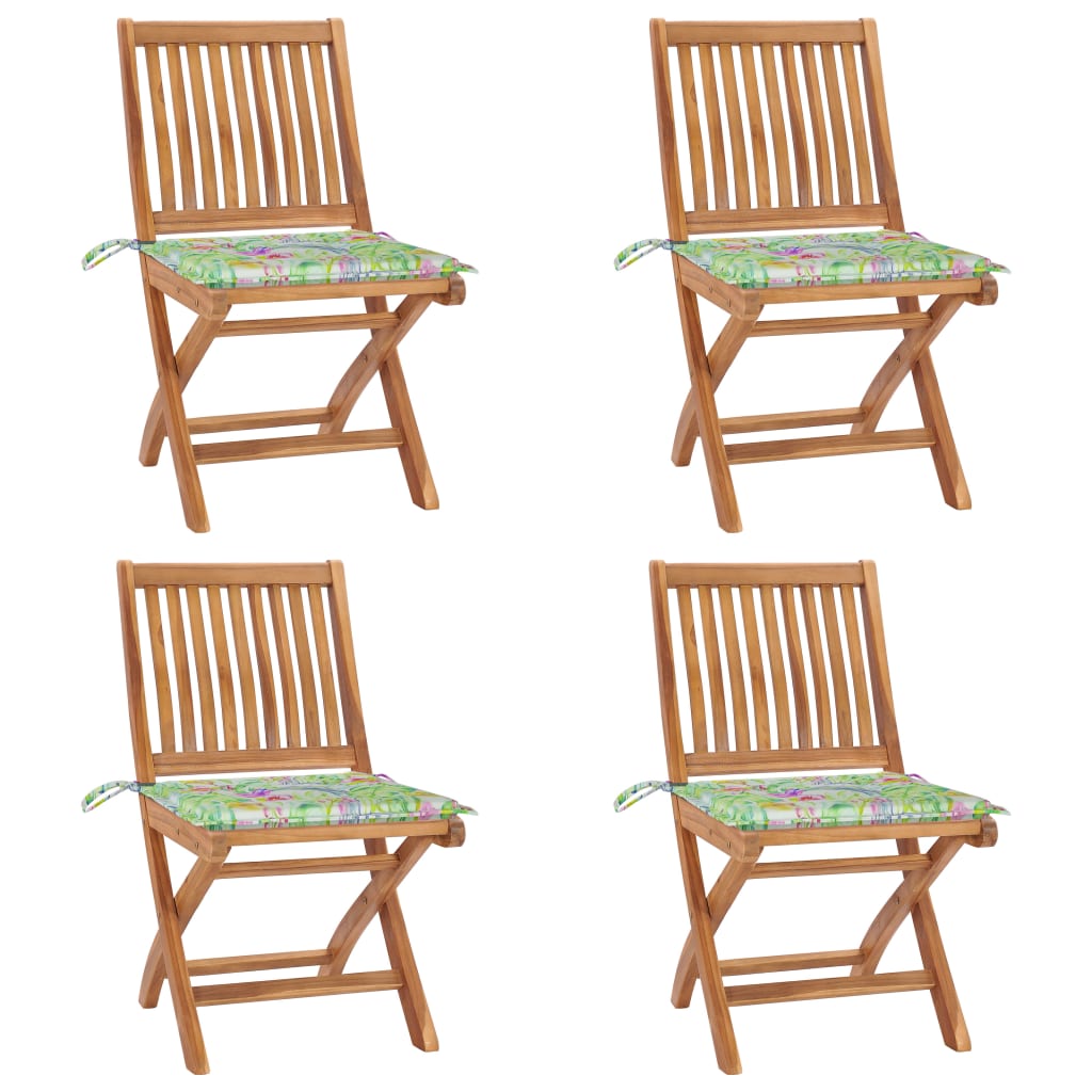 Set 4 scaune pliabile de gradina, cu perne, vidaXL, Lemn tec, 46,5 x 58 x 88 cm, 4 cm, Maro-perne model exotic