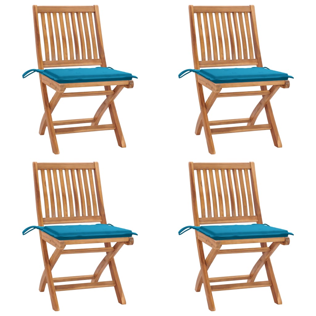 Set 4 scaune pliabile de gradina, cu perne, vidaXL, Lemn tec, 46,5 x 58 x 88 cm, 4 cm, Maro-perne albastru