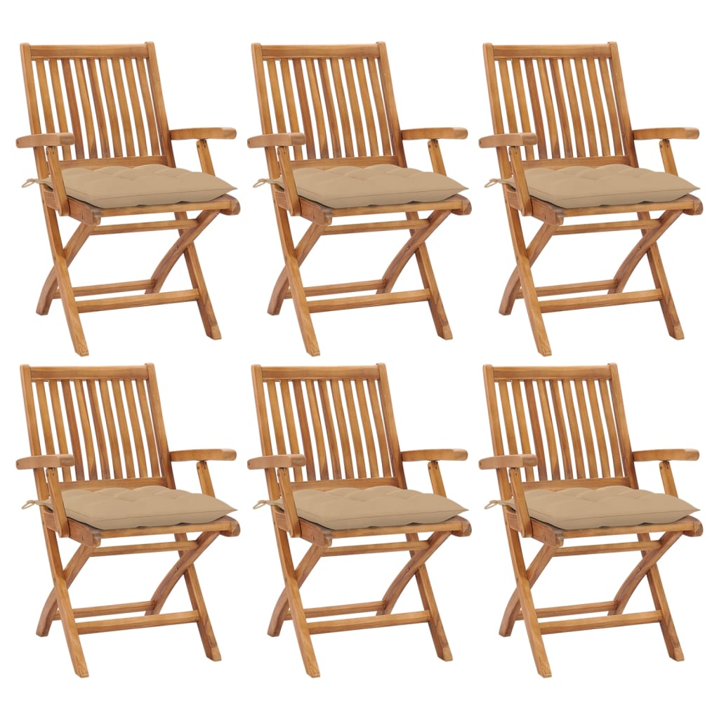 Set de 6 scaune pliabile de gradina, vidaXL, Lemn de tec - finisaj baza apa/Poliester, 56 x 58 x 88 cm, 7 cm, Maro-perne bej