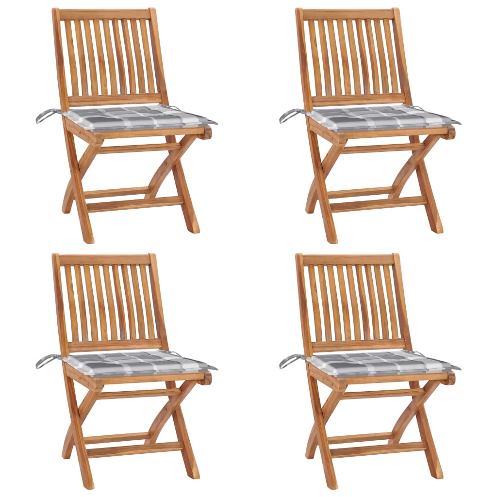 Set 4 scaune pliabile de gradina, cu perne, vidaXL, Lemn tec, 46,5 x 58 x 88 cm, 4 cm, Maro-perne model carouri gri