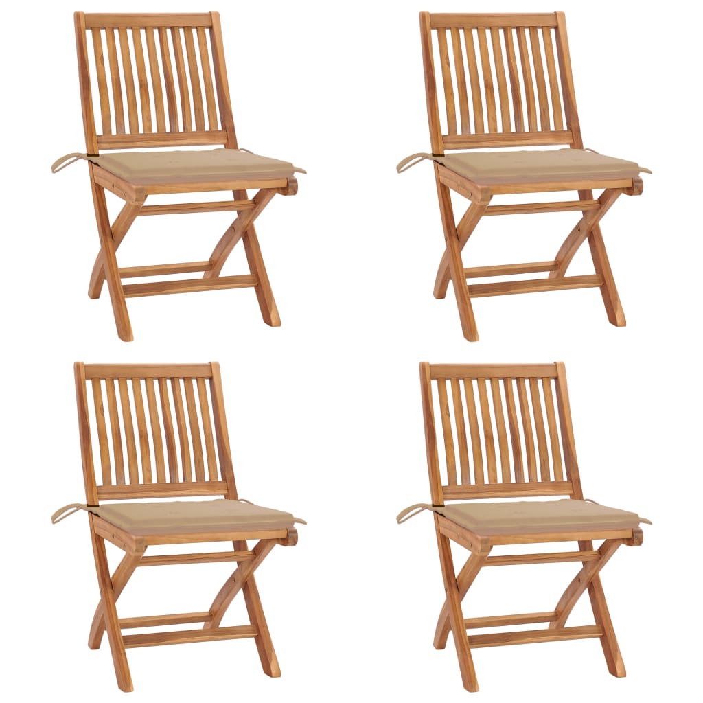 Set 4 scaune pliabile de gradina, cu perne, vidaXL, Lemn tec, 46,5 x 58 x 88 cm, 4 cm, Maro-perne bej