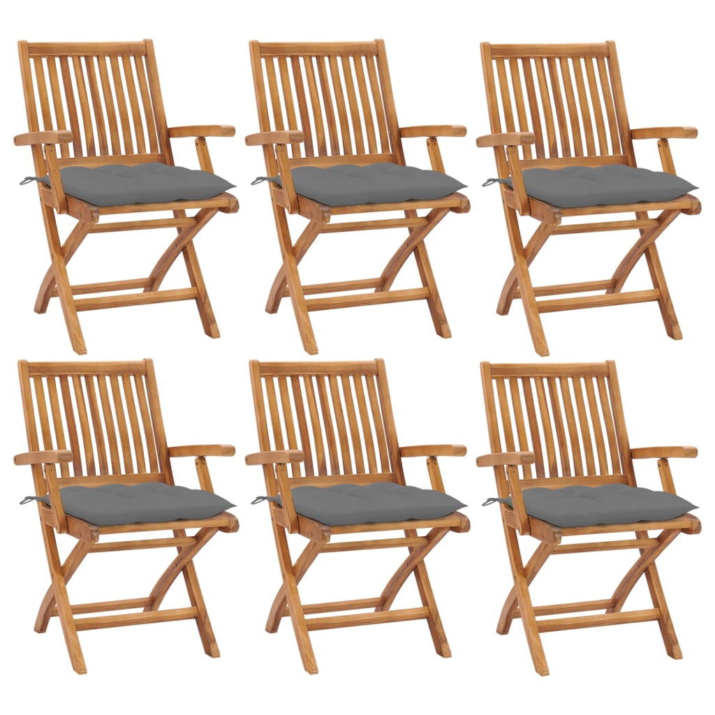 Set de 6 scaune pliabile de gradina, vidaXL, Lemn de tec - finisaj baza apa/Poliester, 56 x 58 x 88 cm, 7 cm, Maro-perne antracit
