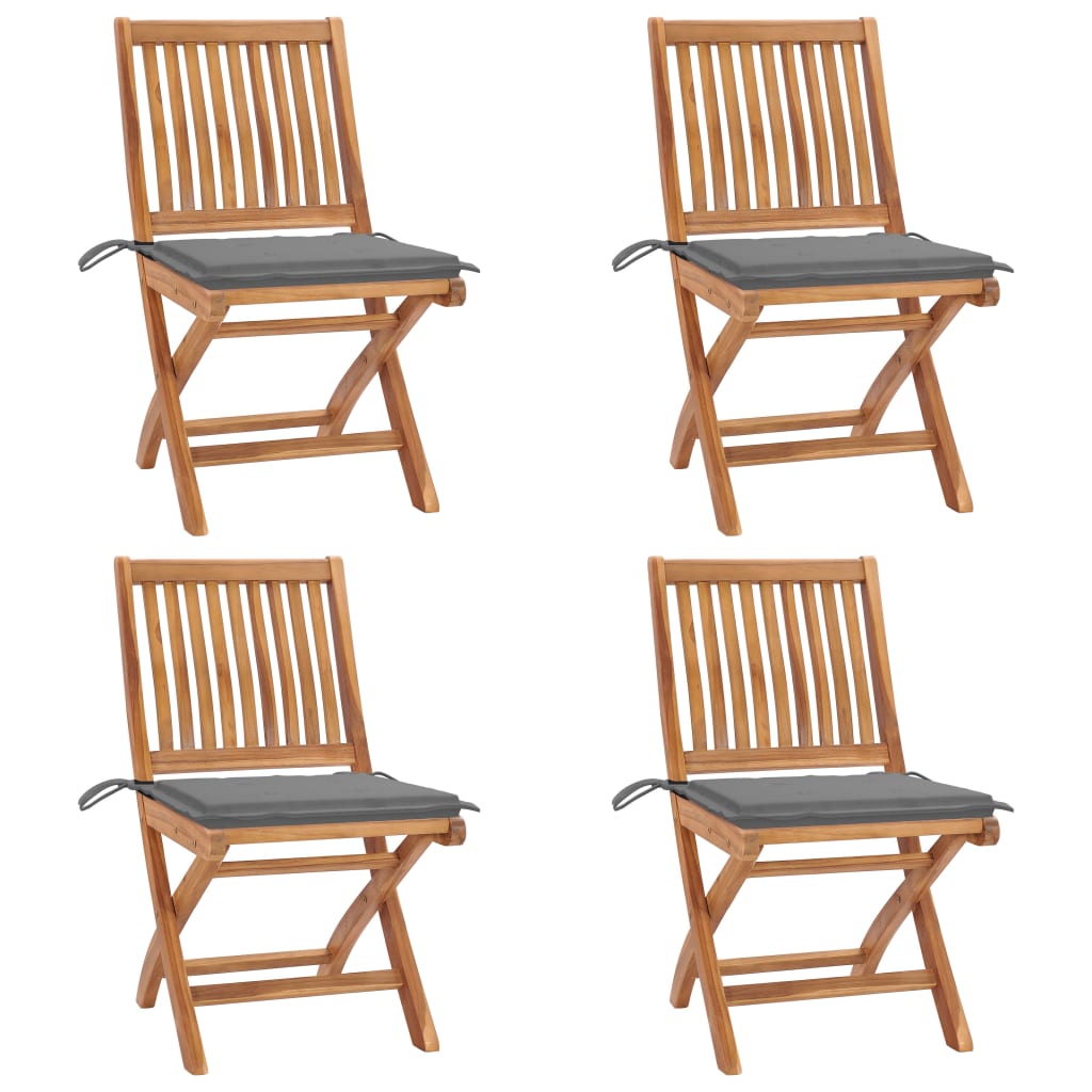 Set 4 scaune pliabile de gradina, cu perne, vidaXL, Lemn tec, 46,5 x 58 x 88 cm, 4 cm, Maro-perne gri
