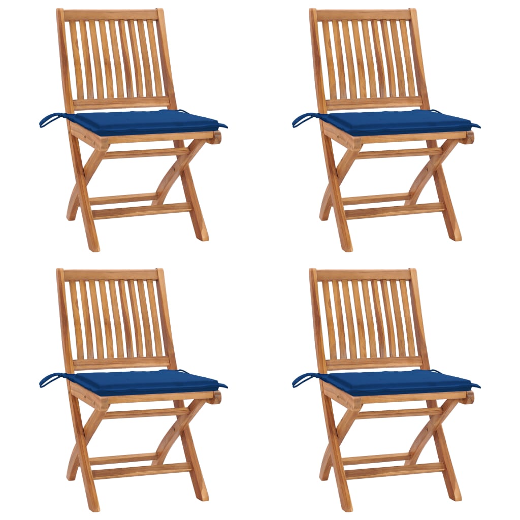 Set 4 scaune pliabile de gradina, cu perne, vidaXL, Lemn tec, 46,5 x 58 x 88 cm, 4 cm, Maro-perne albastru regal