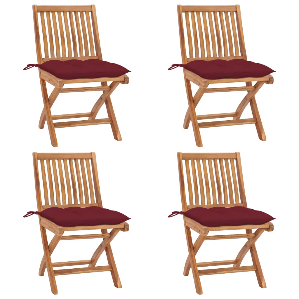 Set 4 scaune pliabile de gradina, cu perne, vidaXL, Lemn tec, 46,5 x 58 x 88 cm, 7 cm, Maro-perne rosu bordo