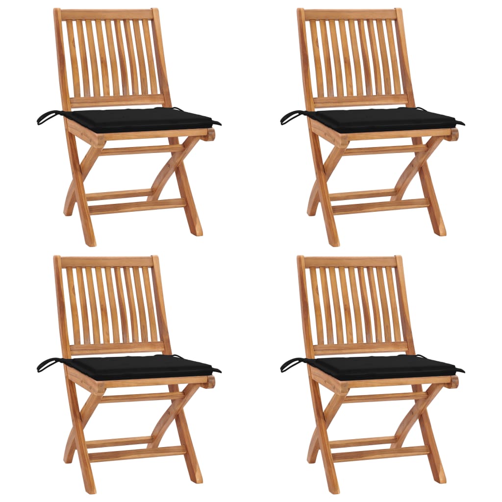 Set 4 scaune pliabile de gradina, cu perne, vidaXL, Lemn tec, 46,5 x 58 x 88 cm, 4 cm, Maro-perne negru