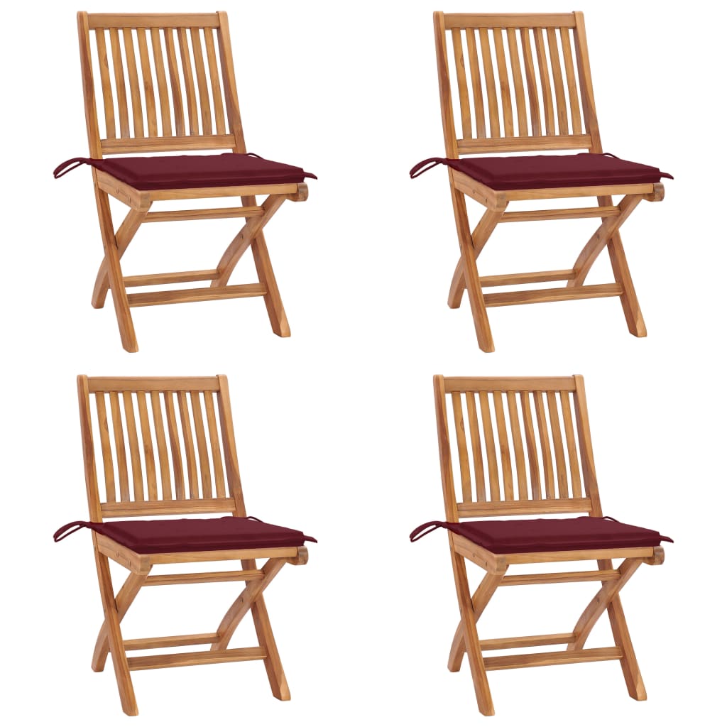 Set 4 scaune pliabile de gradina, cu perne, vidaXL, Lemn tec, 46,5 x 58 x 88 cm, 4 cm, Maro-perne rosu bordo