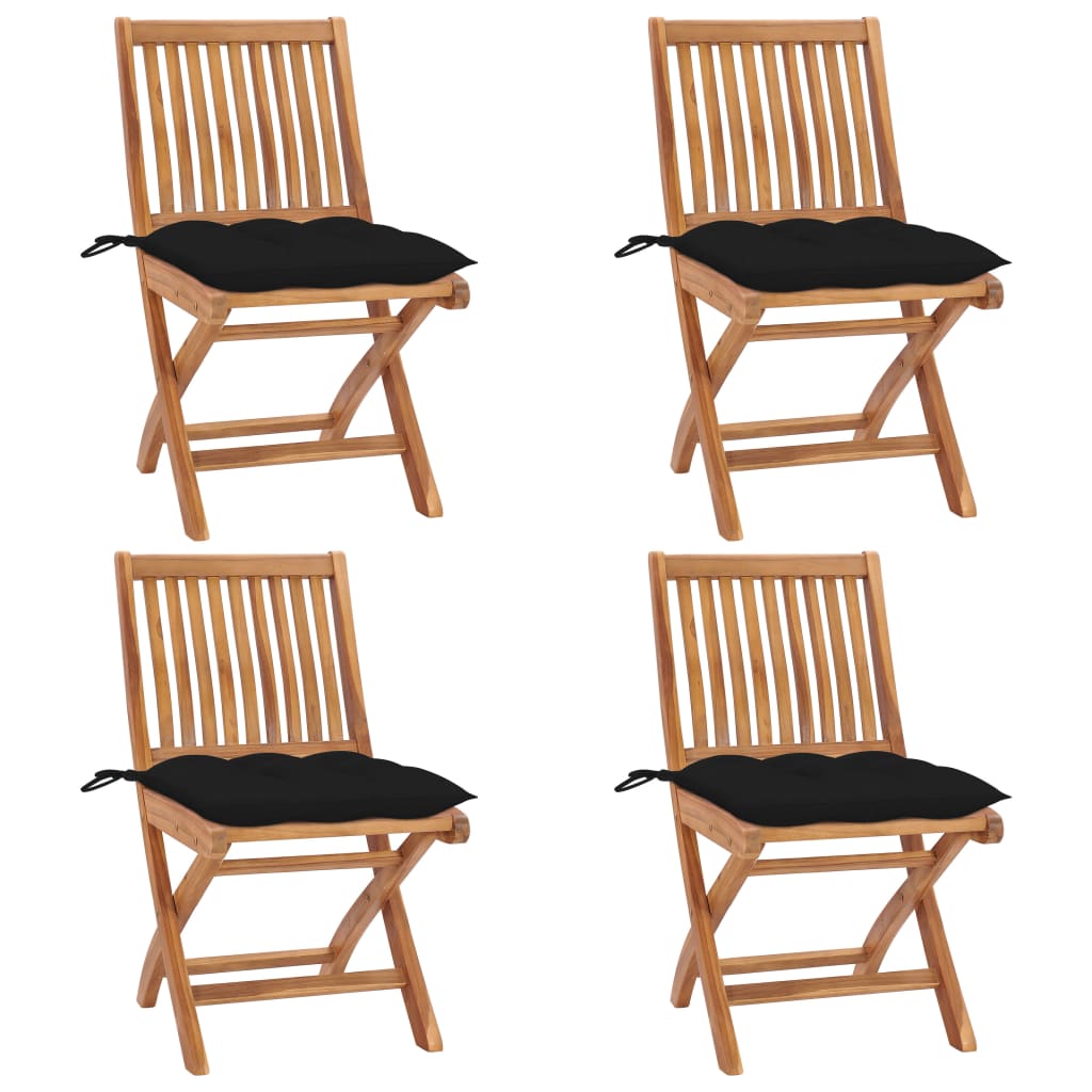 Set 4 scaune pliabile de gradina, cu perne, vidaXL, Lemn tec, 46,5 x 58 x 88 cm, 7 cm, Maro-perne negru