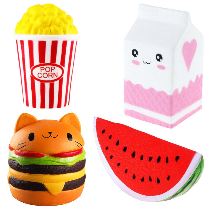 Zenuk, Squishy játék szett, 4 darab, étel formák, lassú visszatérésű, többszínű