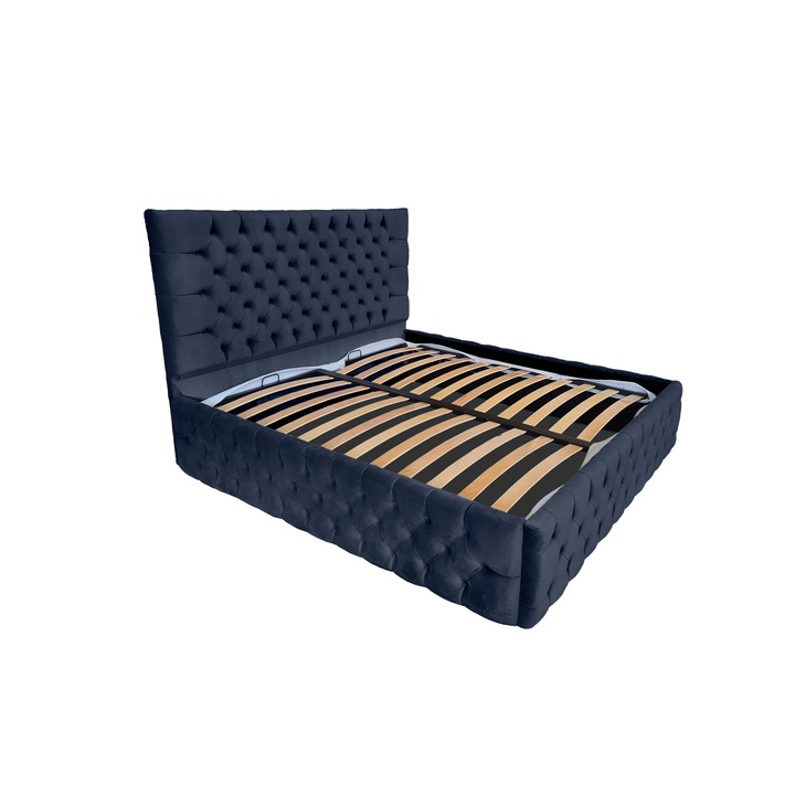 Pat tapitat cu somiera Beds Place, Cyntia Premium Velvet Albastru 14, 140x200 cm, H 120 cm
