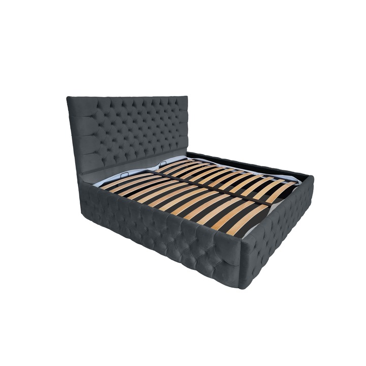 Pat tapitat cu somiera Beds Place, Cyntia Premium Velvet Gri Antracit 21, 200x200 cm, H 115 cm