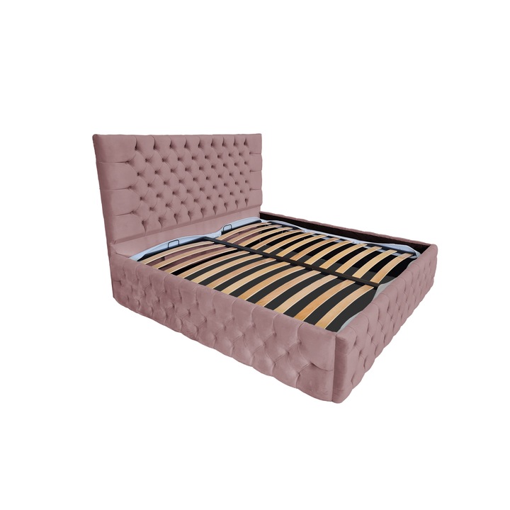 Pat tapitat cu somiera Beds Place, Cyntia Premium Velvet Roz 06, 160x200 cm, H 140 cm