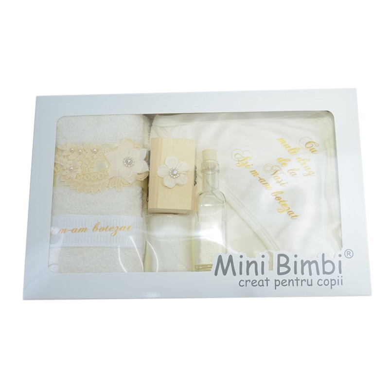 Trusou pentru botez 7 piese Mini Bimbi TBMB-14, Crem 3-6 luni