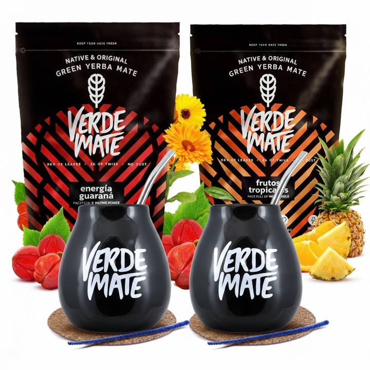 Ceai Yerba Mate Set, Verde Mate, Guarana, Frutos Tropicales, Uscat la Aer, Aroma de Fructe Tropicale, 2x500g, Accesorii Cana 2x350 ml, Bombilla