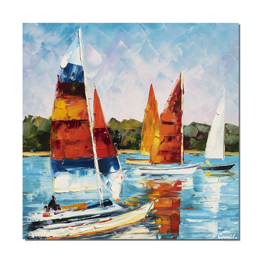 Tablou pictat manual - Cursa veliere - 60x60cm ulei pe panza de in, cutit efect 3D