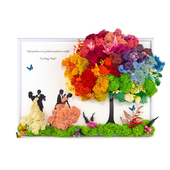 Tablou Cupluri Text Pentru Fini, cu Licheni si Flori Uscate YoobirimBox Handmade, 21 x 30 cm