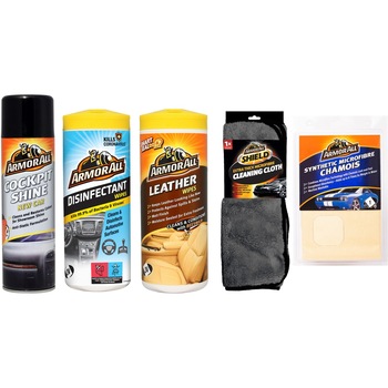 Pachet 5 produse cosmetica auto Armor All : contine laveta microfibra , prosop microfibra extra-gros, spray silicon pentru intretinere bord , tub 24 servetele umede pentru tapiterie din piele si tub 24 servetele anti-bacteriene Pachet 5 produse cosmetica auto Armor All : contine laveta microfibra , prosop microfibra extra-gros, spray silicon pentru intretinere bord , tub 24 servetele umede pentru tapiterie din piele si tub 24 servetele anti-bacteriene