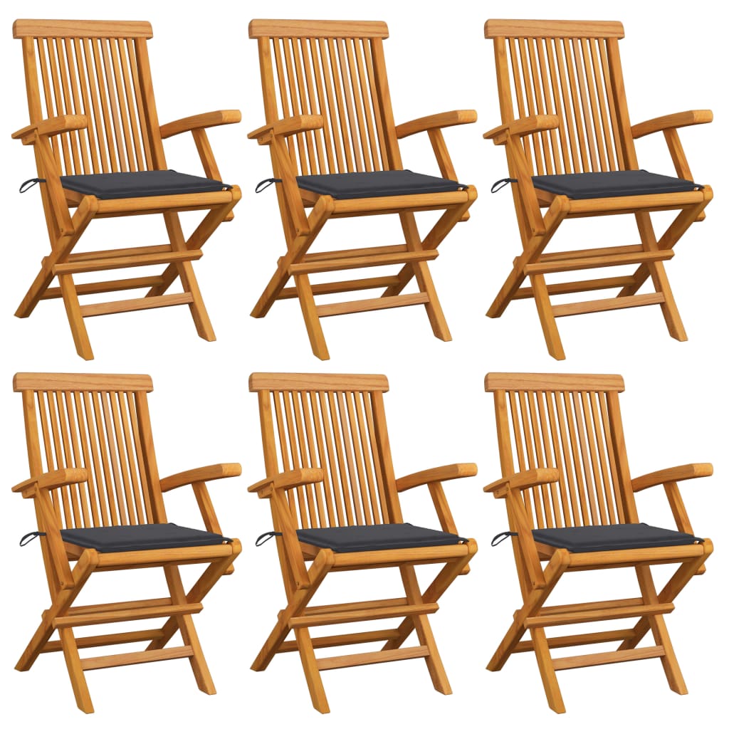Set de 6 scaune de exterior, cu perne si brate, vidaXL, Lemn de tec/Poliester, 55 x 60 x 89 cm, 4 cm, Maro/Perne antracit