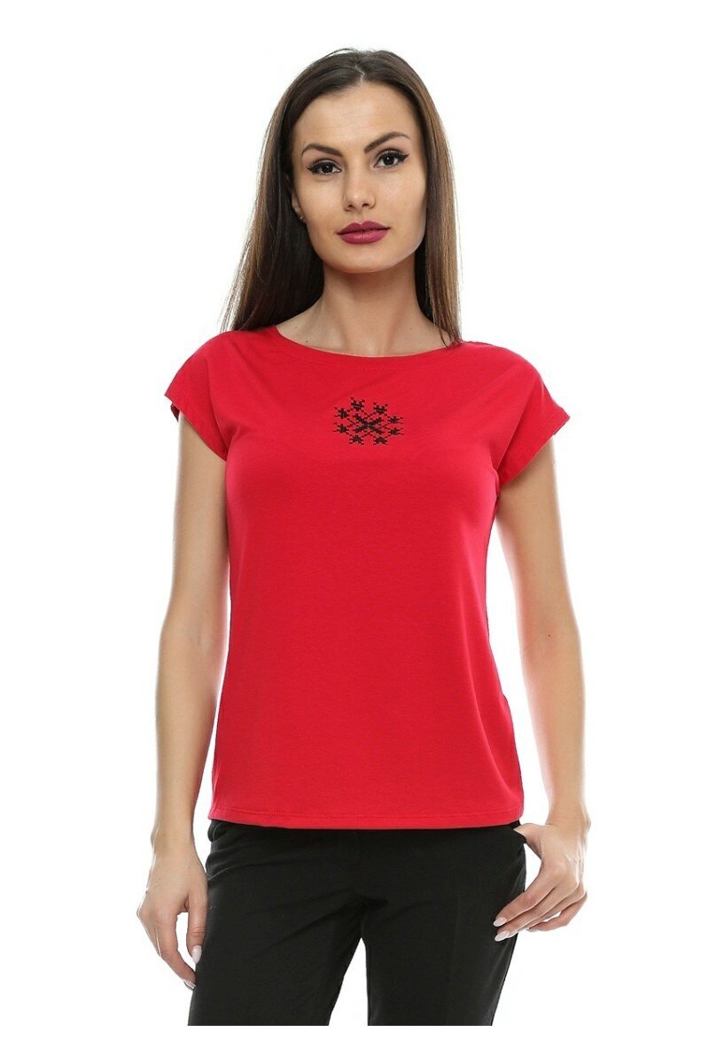 Tricou dama cu broderie traditionala, Criastallus, B71, Rosu